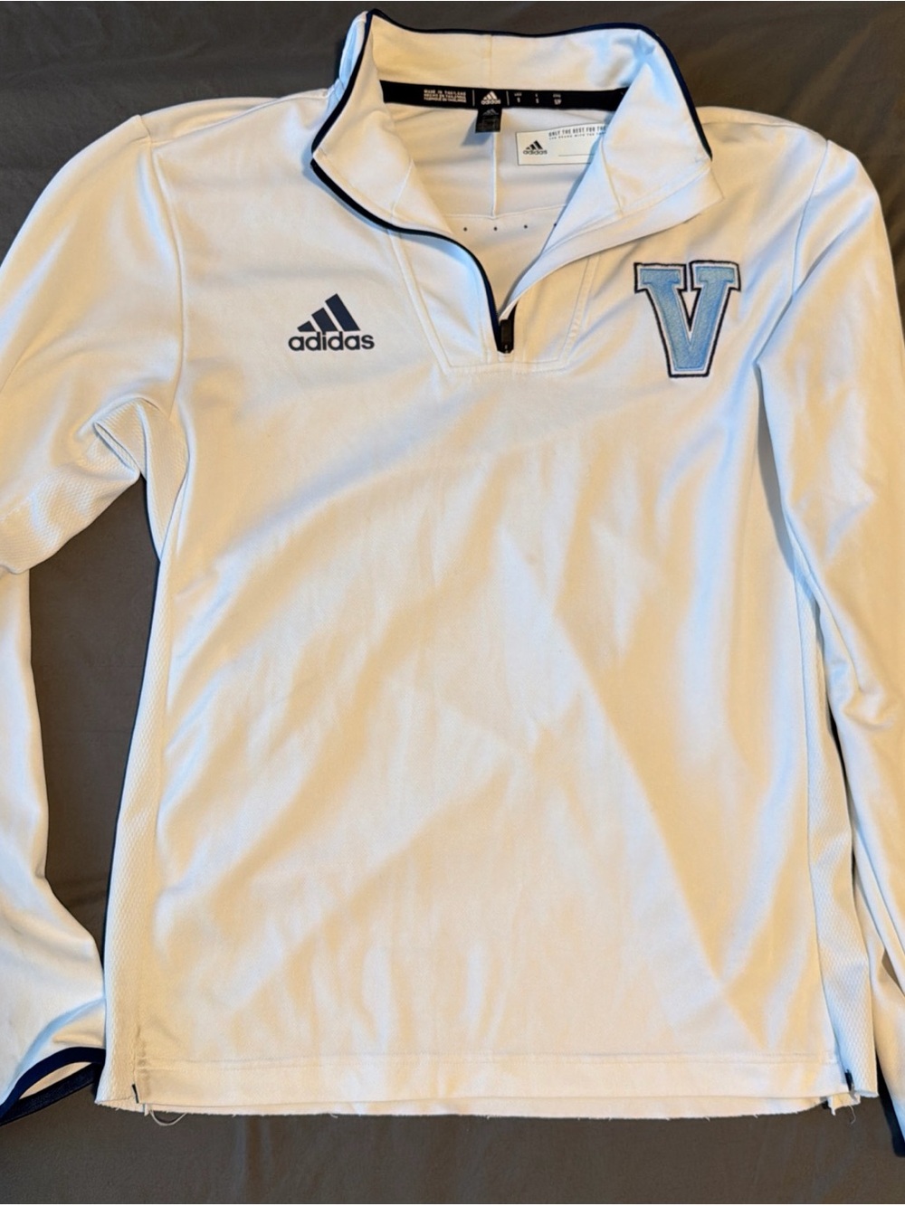 adidas Men's White Quarter-Zip Pullover with Navy Trim and Light Blue V Patch